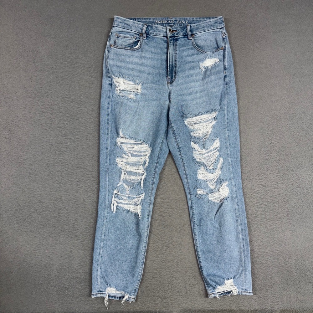American Eagle Jeans Womens 12 Blue Curvy Mom Jean Distressed High Rise Denim